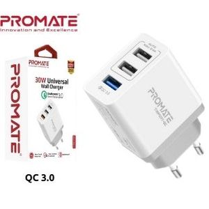 CARGADOR PARED 30W PROMATE TRIPORT-QC 1 USB QC3.0 Y 2USB WH