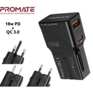 PROMATE TRIPLUG-PD18.BLACK ADAPT DE VIAJE 18W 1USB Y 1 USBC