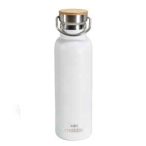 Botella A.inox 450ml D/pared Blan Tapa Bamboo Mobb