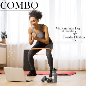 Combo Entrenamiento En Casa Bandas Elasticas +  2 Pesas De 1kg